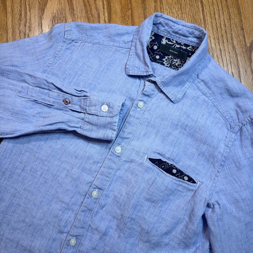 Diesel Shirt Mens Small Linen Blue Long Sleeve Button Down Pocket Embroidered